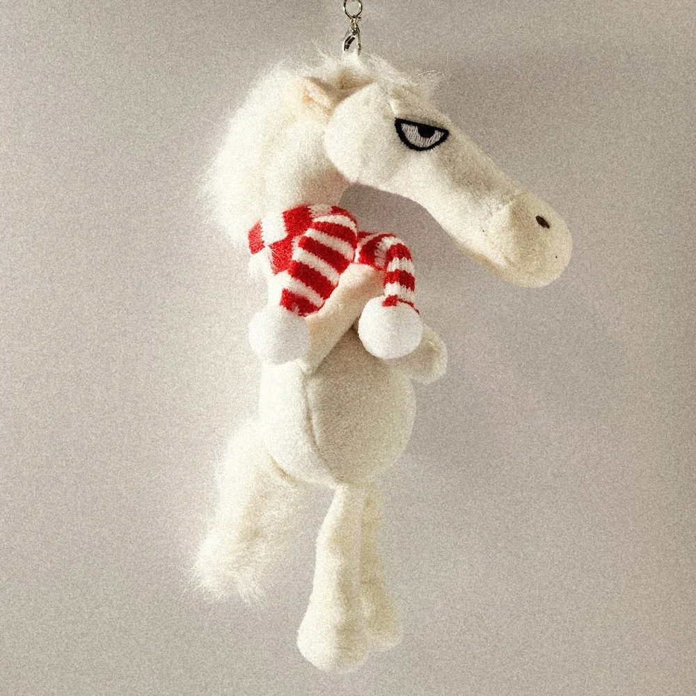Grumpy White Horse Plush Keychain with Red Striped Scarf 5 Inch Bag Charm